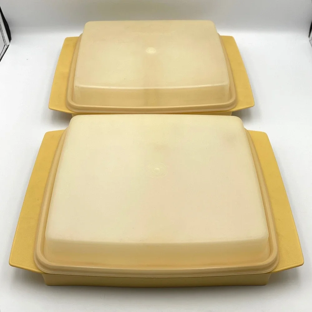 Vintage 1970s Tupperware 723-1 Deviled Egg Keeper Carrier Set of 2 Harvest Gold